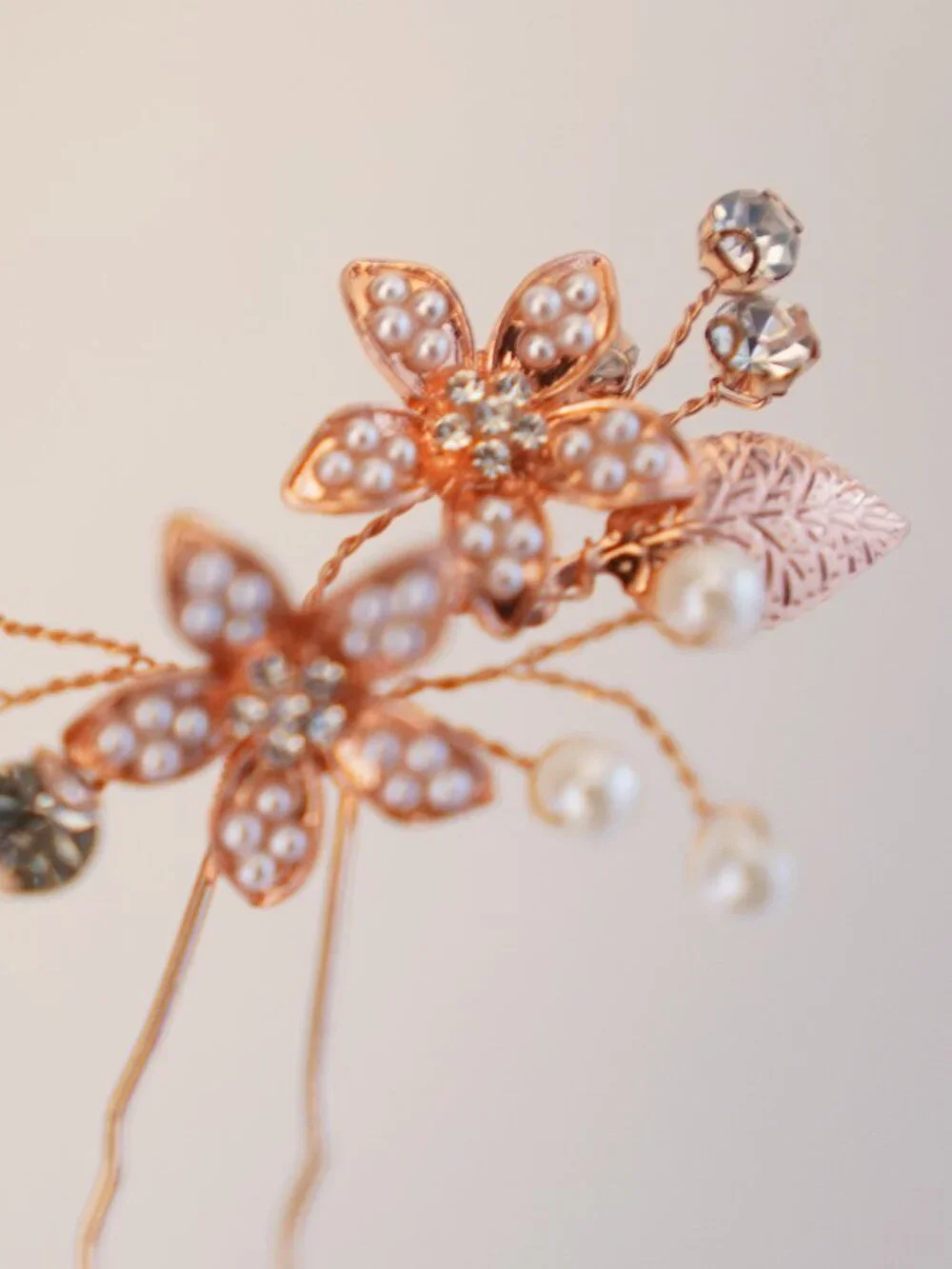 Set of 3 Rose Gold Floral Bridal Hair Pins Rhinestone Pearl Wedding Hair Accesso